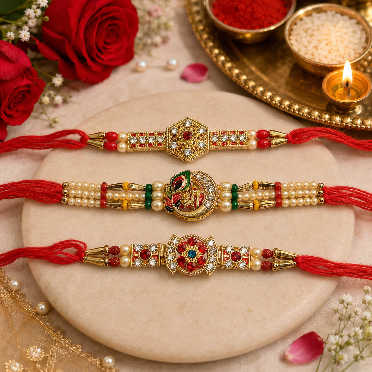 Rajsi Madhav Triveni Rakhi – Set of 3 – Heartly Wishes