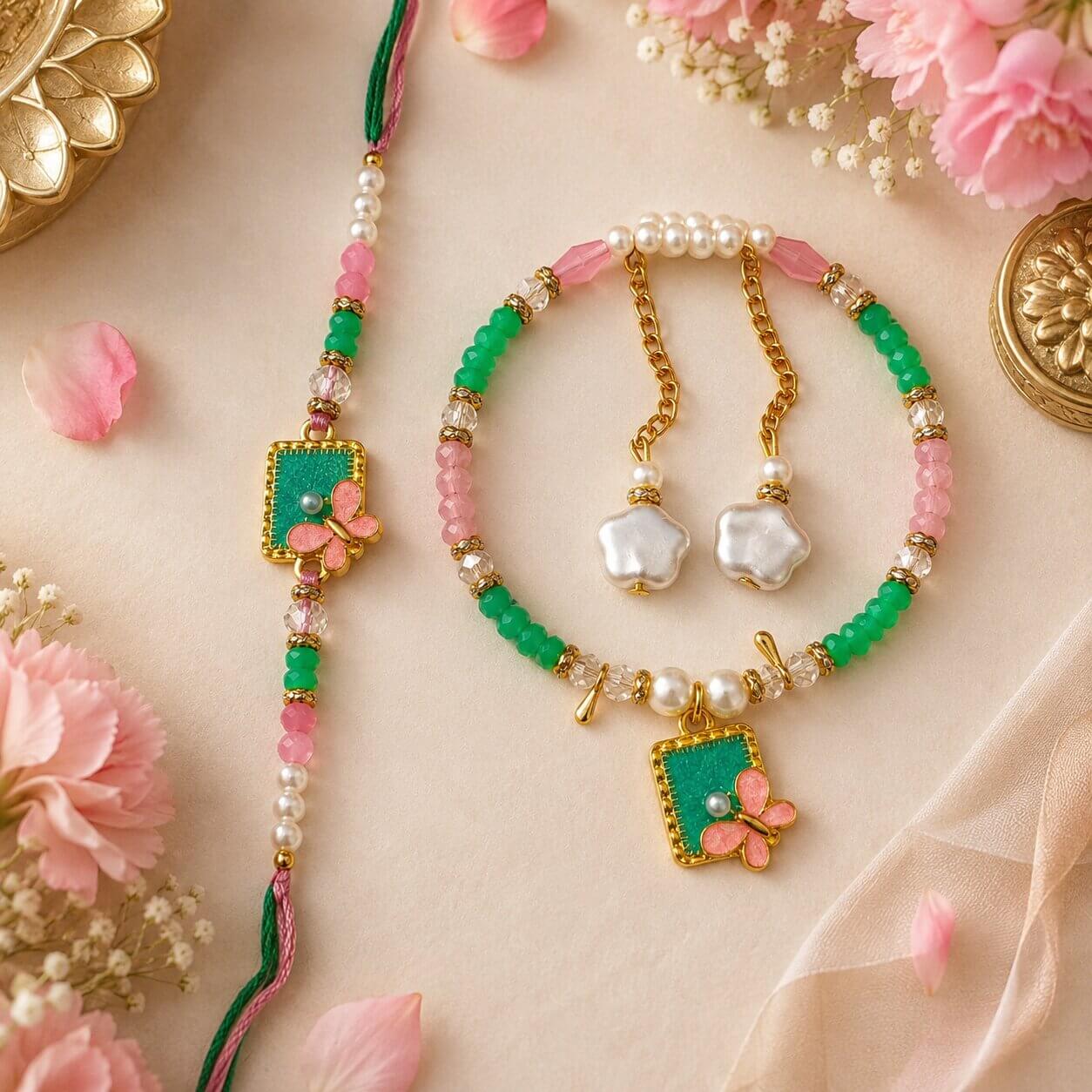Madhur Titli Bhaiya Bhabhi Rakhi Set (Green) – Heartly Wishes