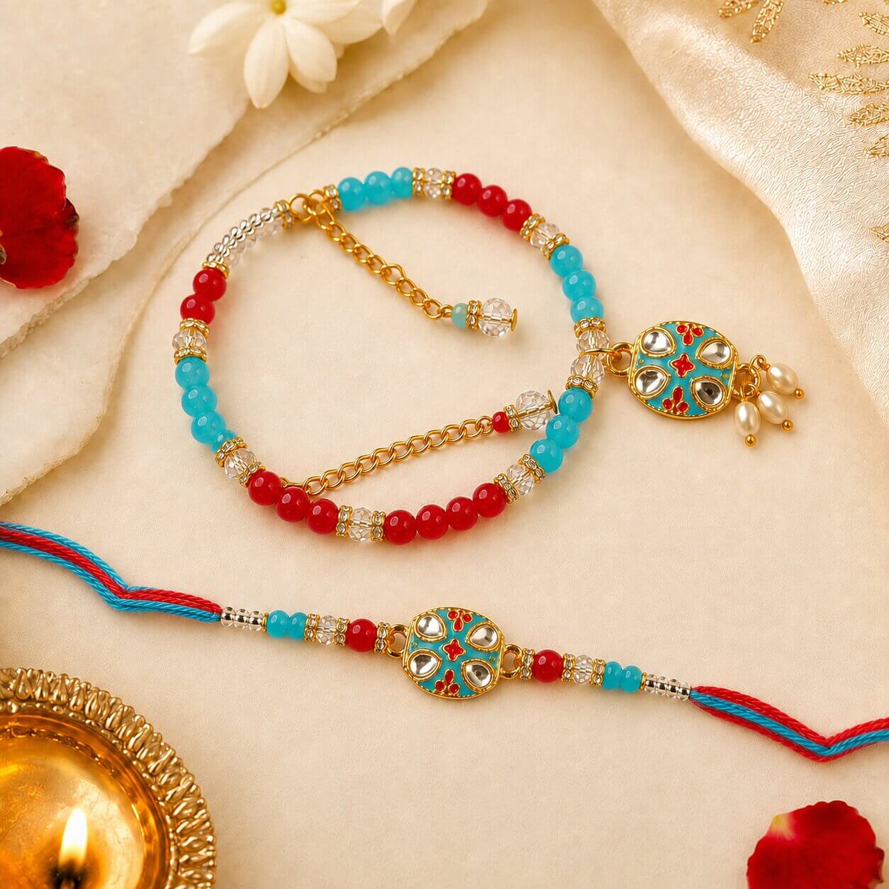 Shahi Kundan Meenakari Rakhi (Blue & Red) – Heartly Wishes