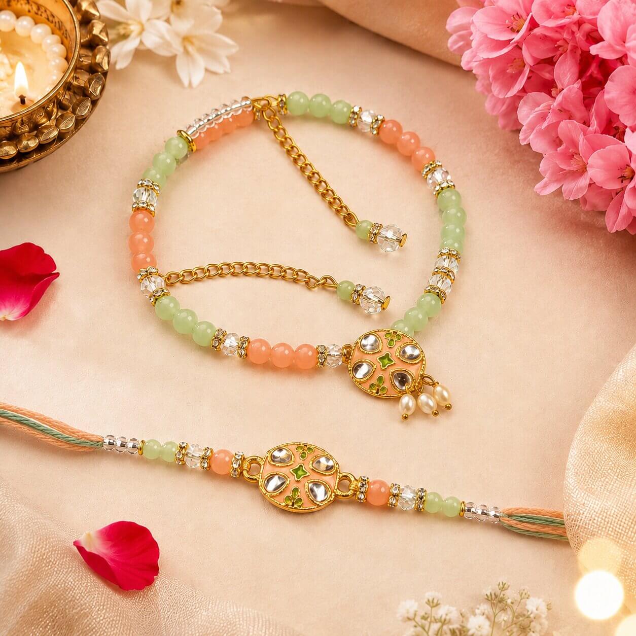 Shahi Kundan Meenakari Rakhi (Light green & Peach) product image 2