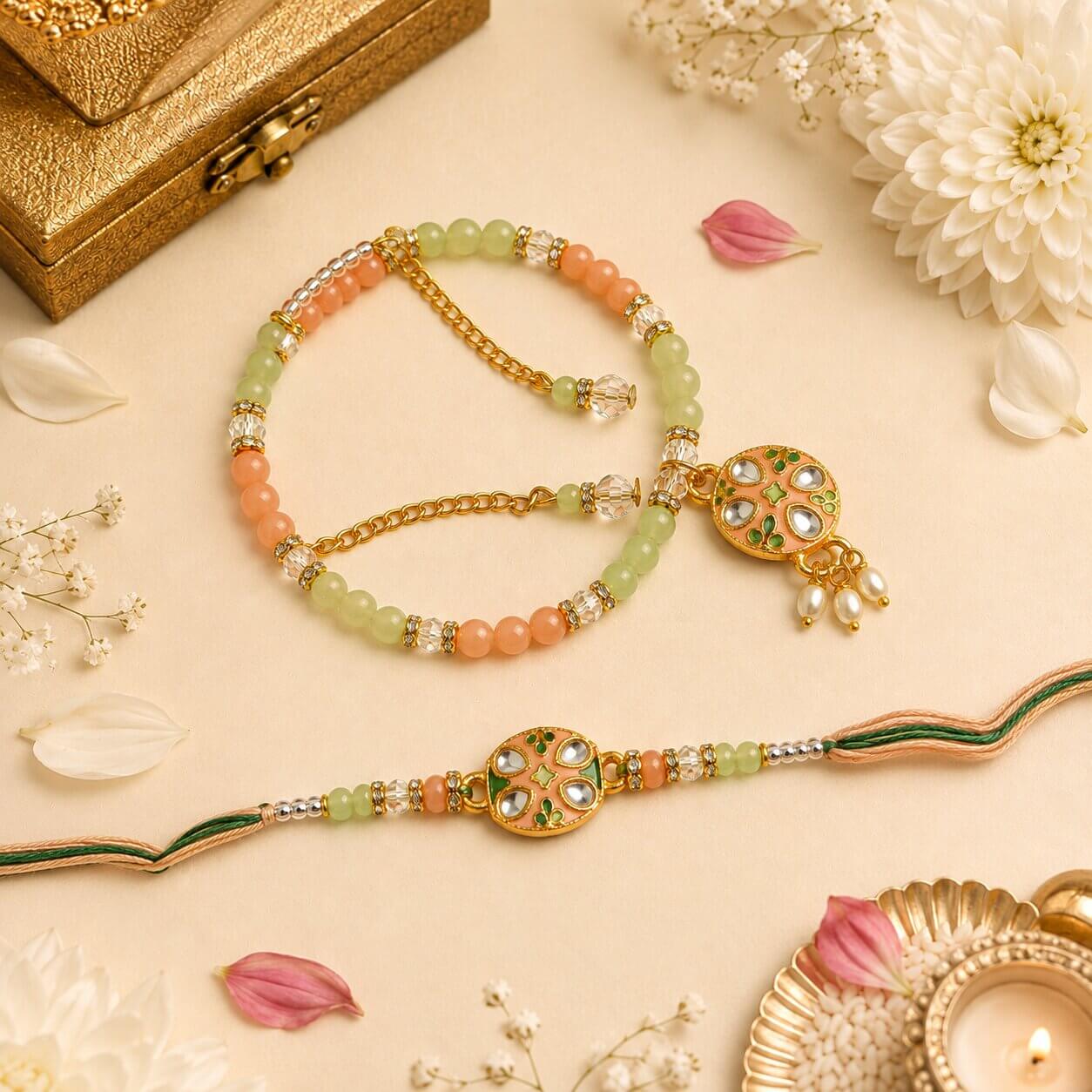 Shahi Kundan Meenakari Rakhi (Light green & Peach) product image 3