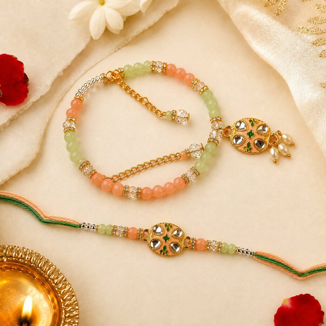 Shahi Kundan Meenakari Rakhi (Light green & Peach) – Heartly Wishes