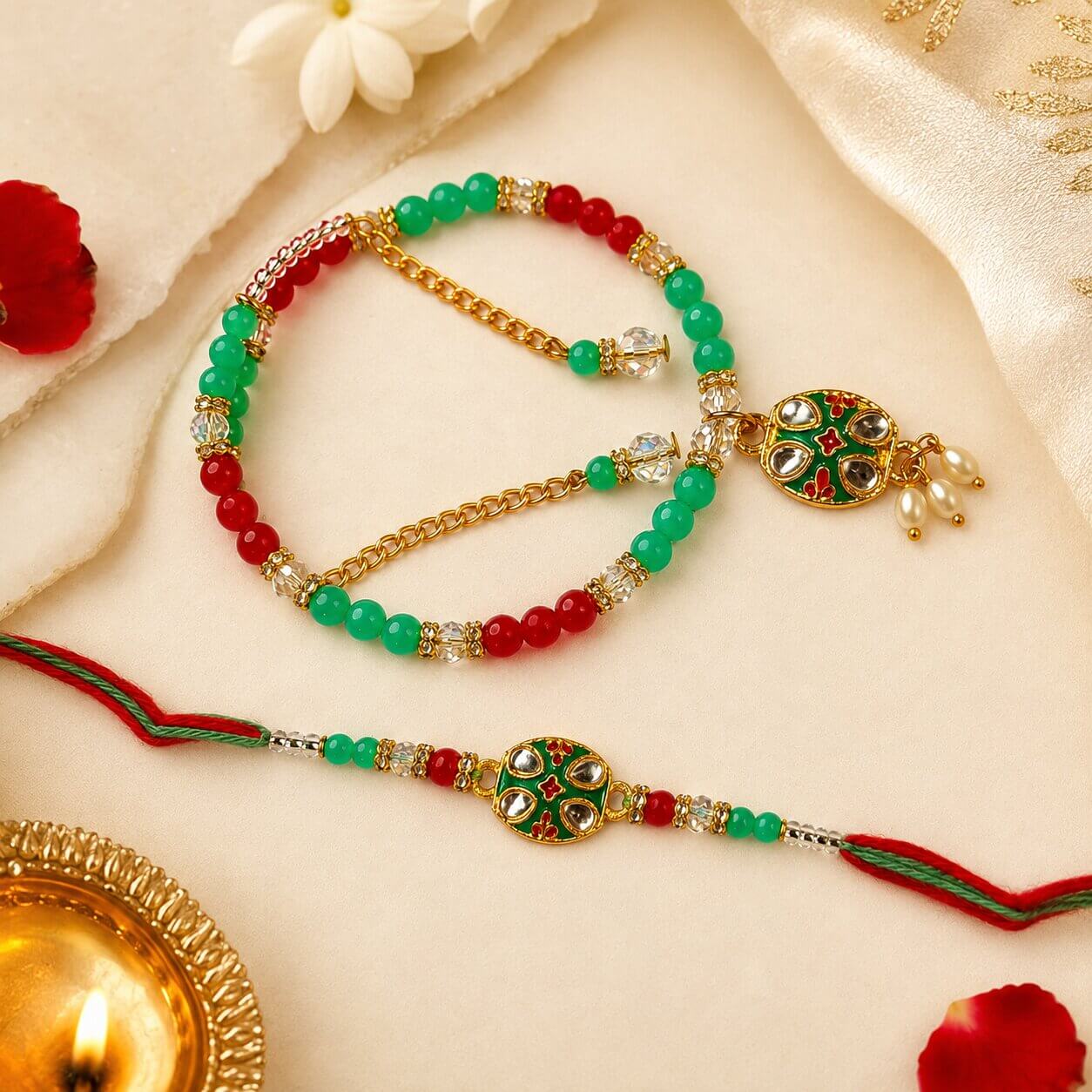 Shahi Kundan Meenakari Rakhi (Green & Red) – Heartly Wishes