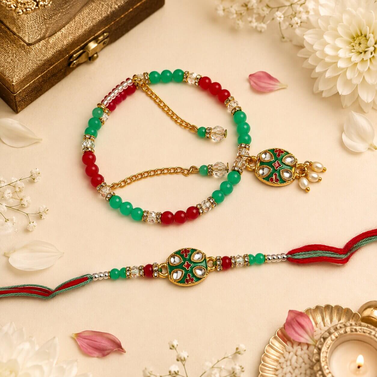 Shahi Kundan Meenakari Rakhi (Green & Red) product image 2