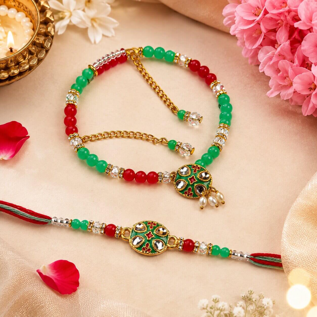 Shahi Kundan Meenakari Rakhi (Green & Red) product image 3