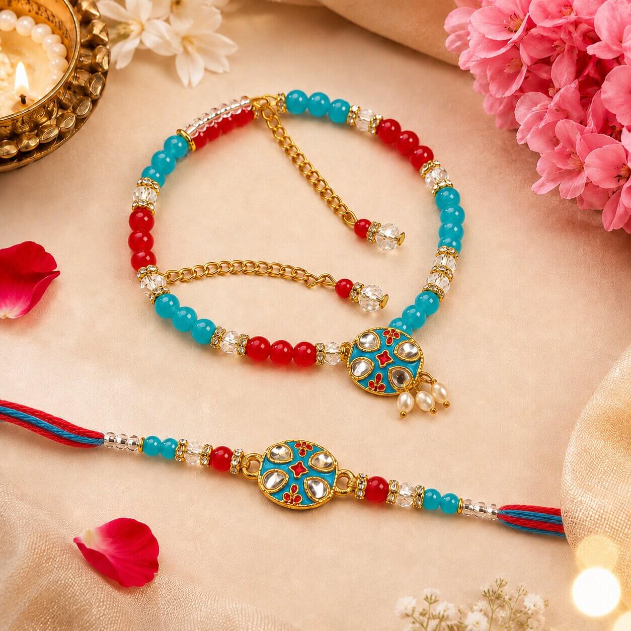 Shahi Kundan Meenakari Rakhi (Blue & Red) product image 3