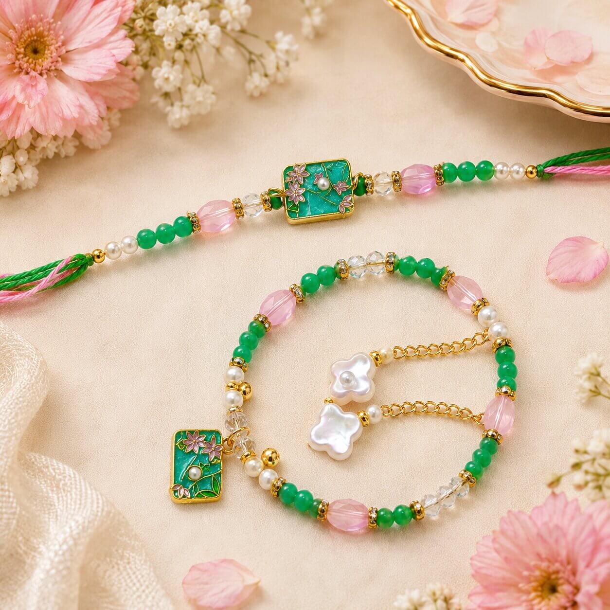 Gulshan Meenakari Bhaiya Bhabhi Rakhi Set (Green) – Heartly Wishes