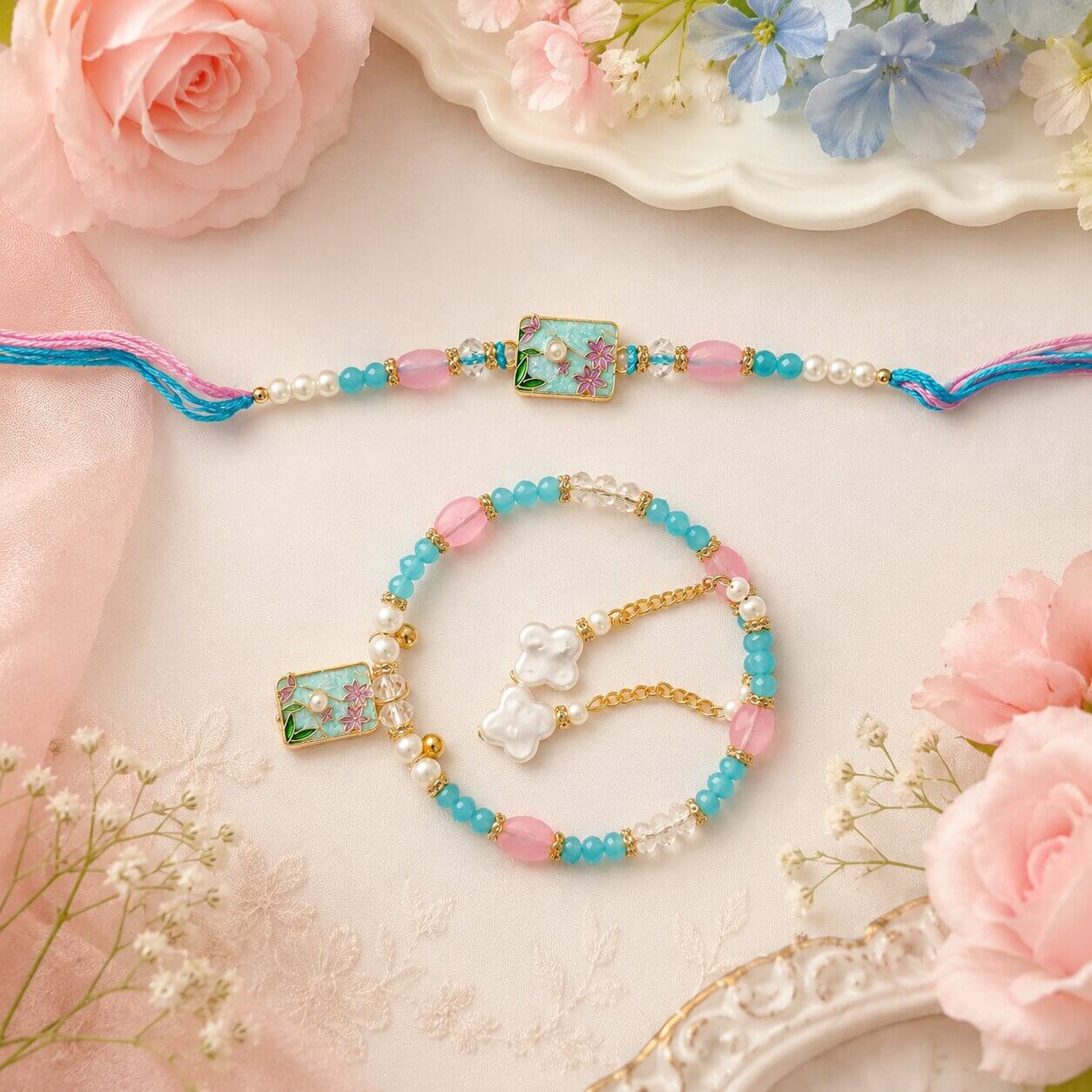 Gulshan Meenakari Bhaiya Bhabhi Rakhi Set (Blue) – Heartly Wishes