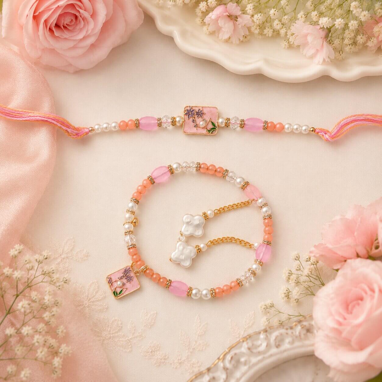 Gulshan Meenakari Bhaiya Bhabhi Rakhi Set (Pink) – Heartly Wishes