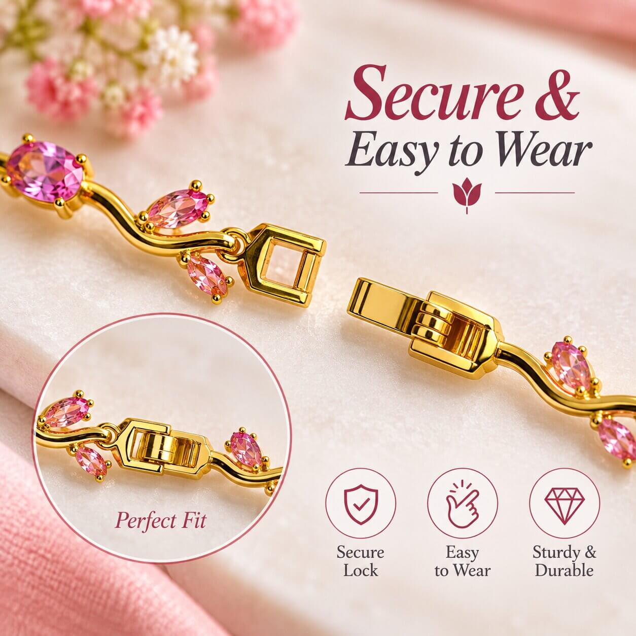 Tulip Bracelet for Women, Floral Crystal, Anti Tarnish Jewellery Latest Stylish Bracelet Gifts for Girls (Golden Pink) product image 3