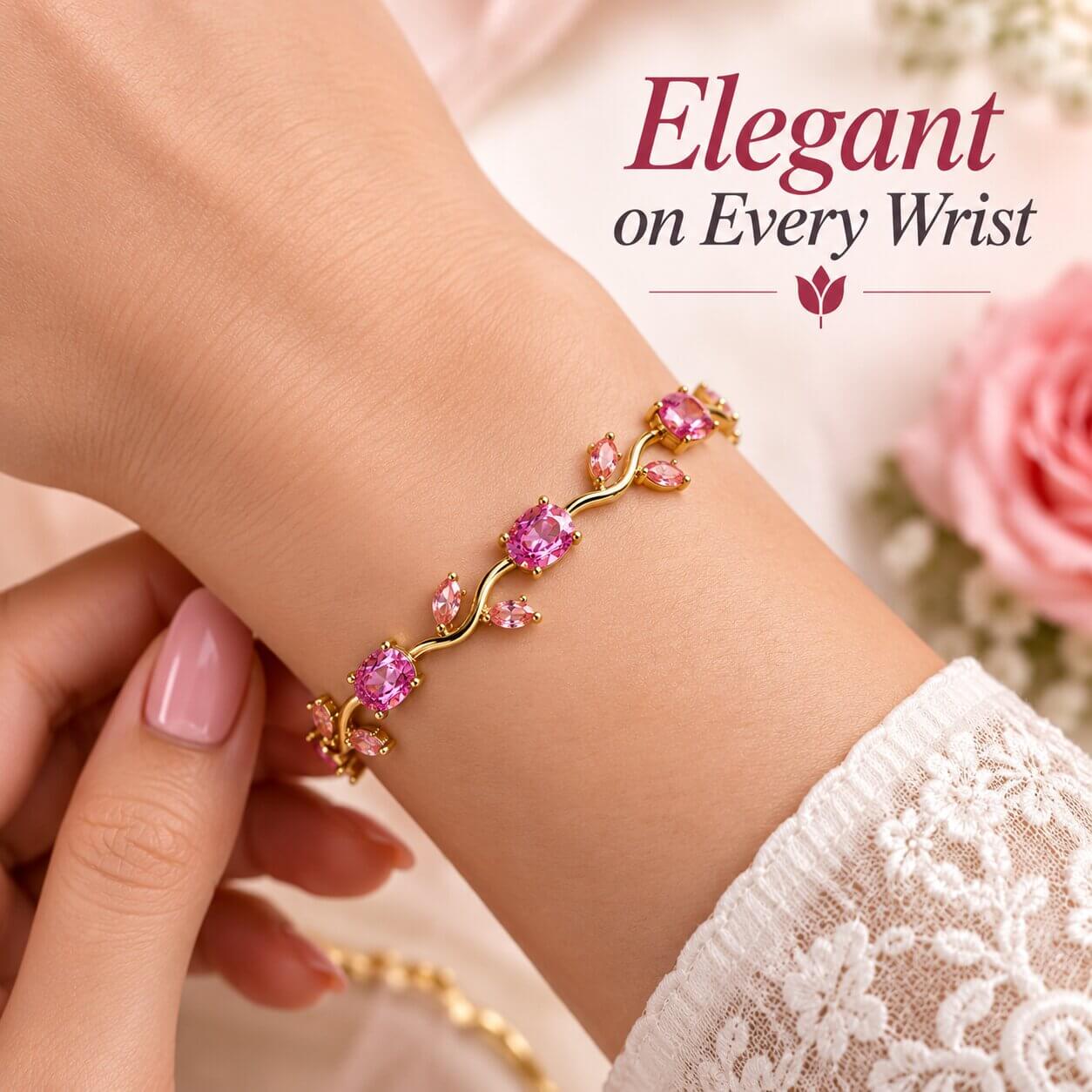 Tulip Bracelet for Women, Floral Crystal, Anti Tarnish Jewellery Latest Stylish Bracelet Gifts for Girls (Golden Pink) product image 2