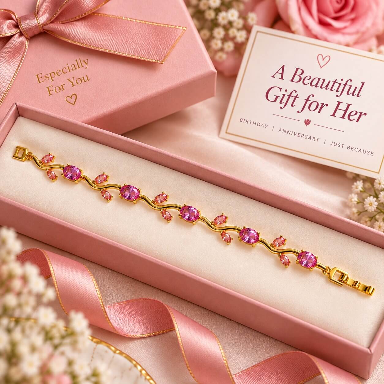 Tulip Bracelet for Women, Floral Crystal, Anti Tarnish Jewellery Latest Stylish Bracelet Gifts for Girls (Golden Pink) product image 4