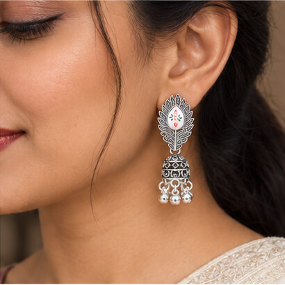Meher Silver-Toned Peacock Feather Jhumka Earrings product image 6