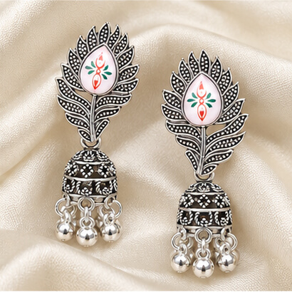 Meher Silver-Toned Peacock Feather Jhumka Earrings – Heartly Wishes