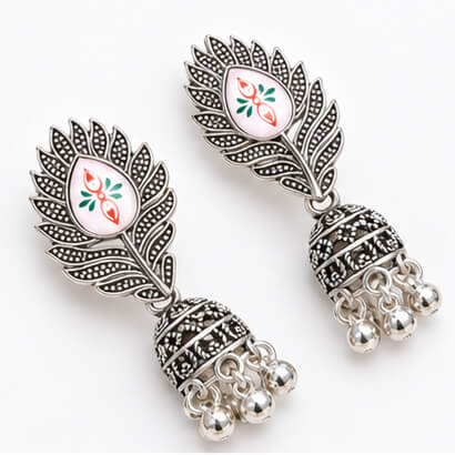 Meher Silver-Toned Peacock Feather Jhumka Earrings product image 3