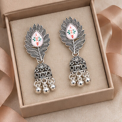 Meher Silver-Toned Peacock Feather Jhumka Earrings product image 8