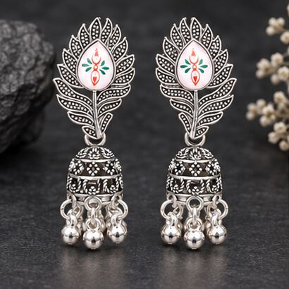 Meher Silver-Toned Peacock Feather Jhumka Earrings product image 7