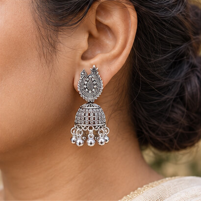 Oxidised Silver Peacock Jhumka Earrings with Ghungroo Beads product image 6