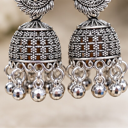 Oxidised Silver Peacock Jhumka Earrings with Ghungroo Beads product image 5
