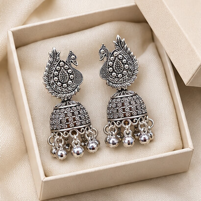 Oxidised Silver Peacock Jhumka Earrings with Ghungroo Beads product image 9