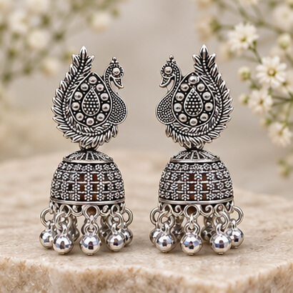 Oxidised Silver Peacock Jhumka Earrings with Ghungroo Beads – Heartly Wishes