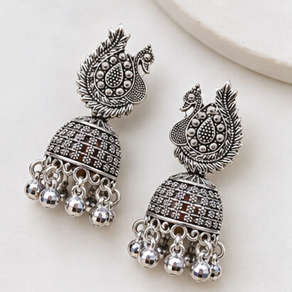 Oxidised Silver Peacock Jhumka Earrings with Ghungroo Beads product image 3