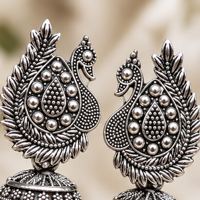 Oxidised Silver Peacock Jhumka Earrings with Ghungroo Beads product image 4