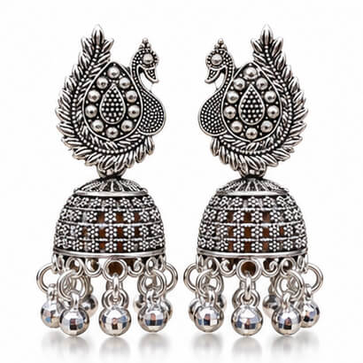 Oxidised Silver Peacock Jhumka Earrings with Ghungroo Beads product image 2