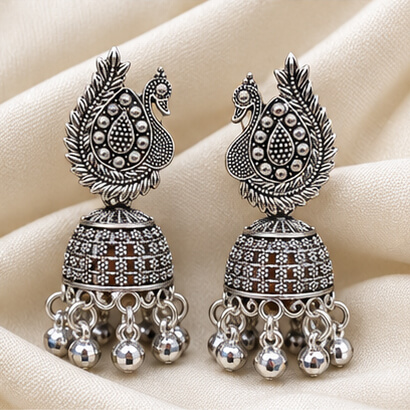 Oxidised Silver Peacock Jhumka Earrings with Ghungroo Beads product image 7