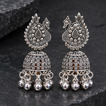 Oxidised Silver Peacock Jhumka Earrings with Ghungroo Beads product image 8