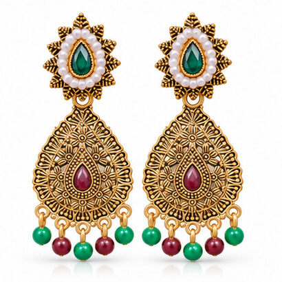 Antique Gold Multicolour Kundan Teardrop Earrings with Pearl and Bead Drops product image 7