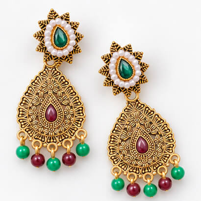 Antique Gold Multicolour Kundan Teardrop Earrings with Pearl and Bead Drops product image 3