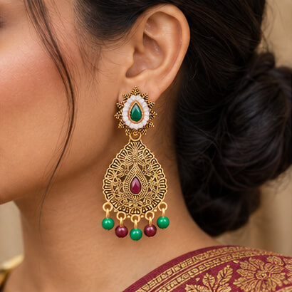 Antique Gold Multicolour Kundan Teardrop Earrings with Pearl and Bead Drops product image 6