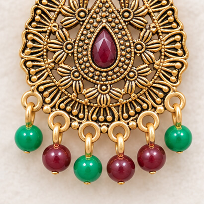 Antique Gold Multicolour Kundan Teardrop Earrings with Pearl and Bead Drops product image 5