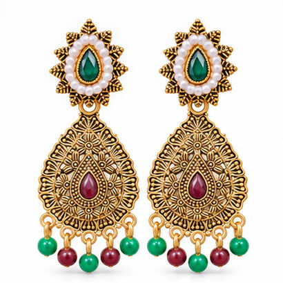 Antique Gold Multicolour Kundan Teardrop Earrings with Pearl and Bead Drops product image 2