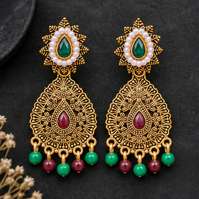 Antique Gold Multicolour Kundan Teardrop Earrings with Pearl and Bead Drops product image 8