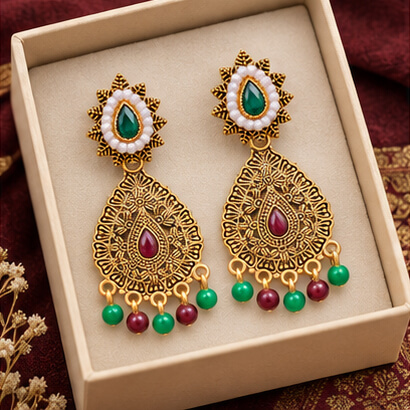 Antique Gold Multicolour Kundan Teardrop Earrings with Pearl and Bead Drops product image 9