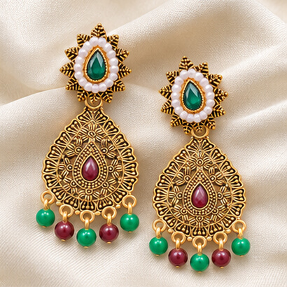 Antique Gold Multicolour Kundan Teardrop Earrings with Pearl and Bead Drops – Heartly Wishes