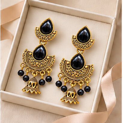 Royal Teardrop Jhumka Chandbali Earrings (Black) product image 3