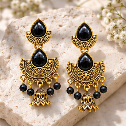 Royal Teardrop Jhumka Chandbali Earrings (Black) product image 7
