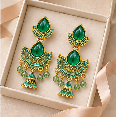 Royal Teardrop Jhumka Chandbali Earrings (Emerald Green) product image 5