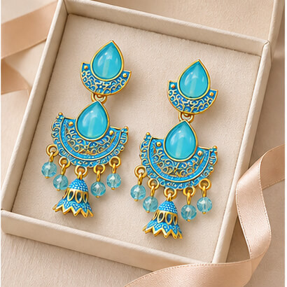 Royal Teardrop Jhumka Chandbali Earrings (Turquoise Blue) product image 2
