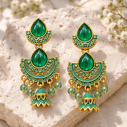 Royal Teardrop Jhumka Chandbali Earrings (Emerald Green) product image 2