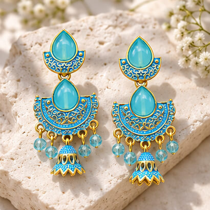 Royal Teardrop Jhumka Chandbali Earrings (Turquoise Blue) product image 5