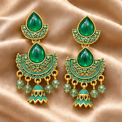 Royal Teardrop Jhumka Chandbali Earrings (Emerald Green) – Heartly Wishes