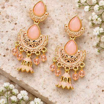 Royal Teardrop Jhumka Chandbali Earrings (Blush Peach) product image 5
