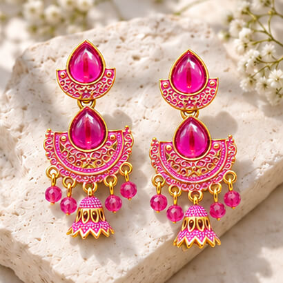 Royal Teardrop Jhumka Chandbali Earrings (Fuchsia Pink) product image 5