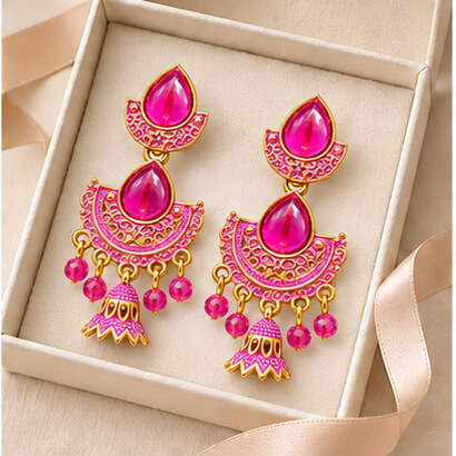Royal Teardrop Jhumka Chandbali Earrings (Fuchsia Pink) product image 7