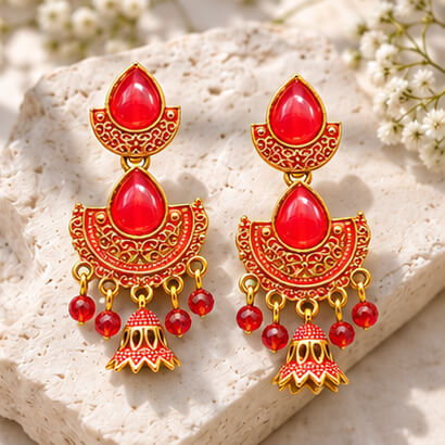 Royal Teardrop Jhumka Chandbali Earrings (Red) product image 2