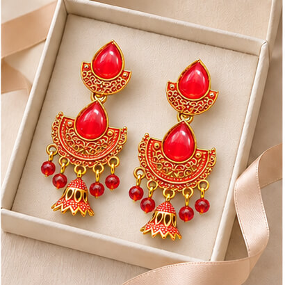 Royal Teardrop Jhumka Chandbali Earrings (Red) product image 8